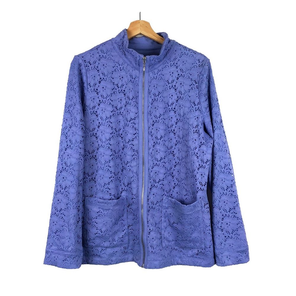 D&Co Denim + Company Blue Lace Full Zip Mock Neck Sweater Jacket M